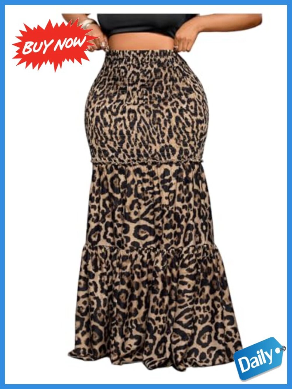 Plus Size Maxi Skirt High Waist Smocked Ruffle Hem Long Bodycon Skirt